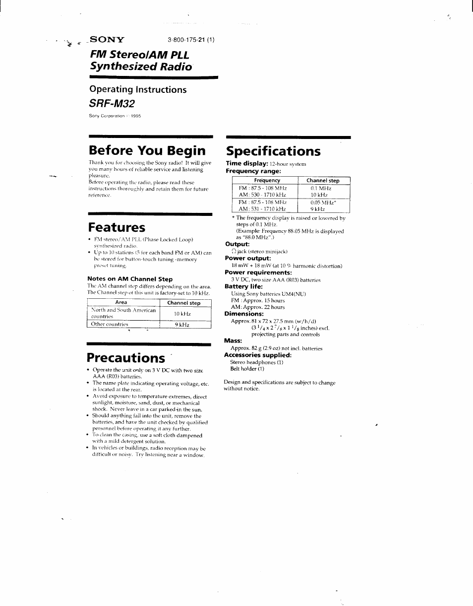 Sony SRF-M32 User Manual | 6 pages