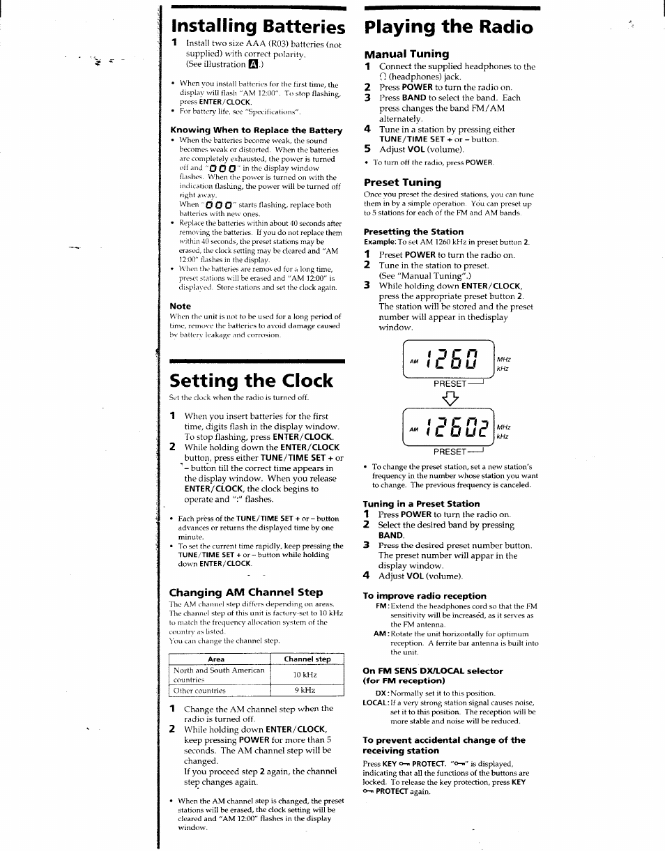 Changing am channel step, Manual tuning, Preset tuning | Installing batteries, Setting the clock, Playing the radio | Sony SRF-M32 User Manual | Page 6 / 6