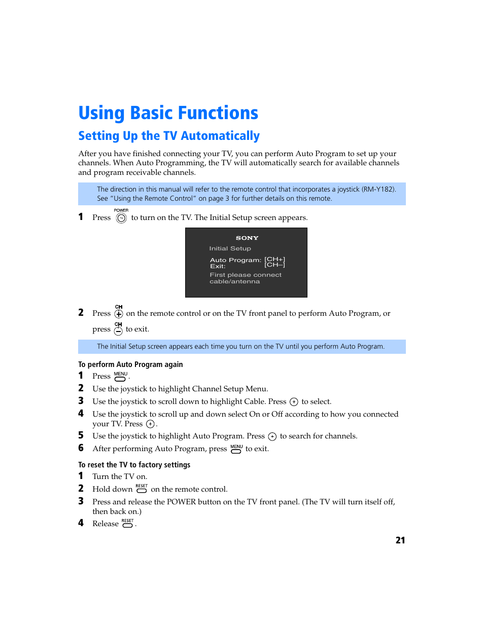 Using basic functions, Setting up the tv automatically | Sony KV-27FV300 User Manual | Page 28 / 66
