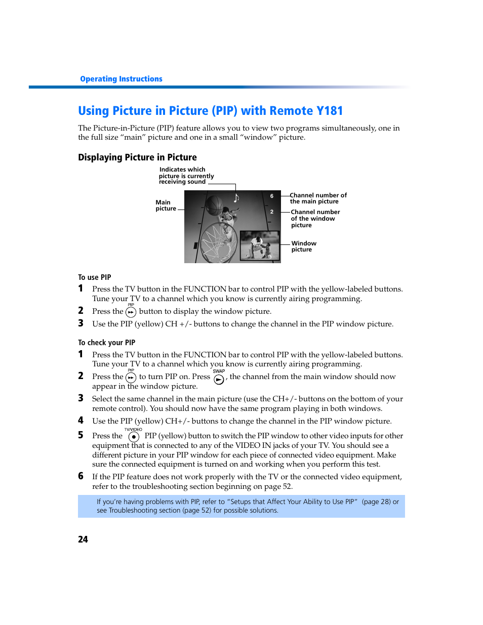 Using picture in picture (pip) with remote y181 | Sony KV-27FV300 User Manual | Page 31 / 66