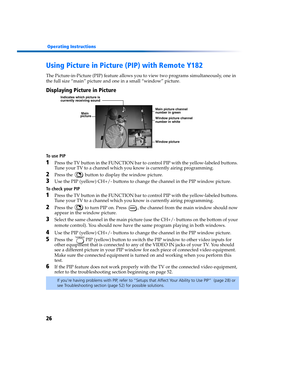 Using picture in picture (pip) with remote y182 | Sony KV-27FV300 User Manual | Page 33 / 66