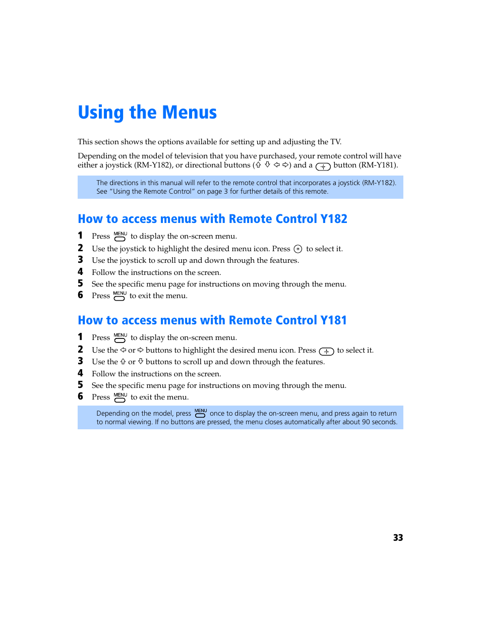 Using the menus, How to access menus with remote control y182, How to access menus with remote control y181 | Sony KV-27FV300 User Manual | Page 40 / 66