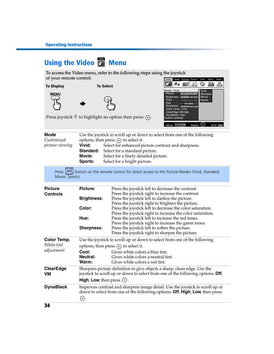 Using the video menu | Sony KV-27FV300 User Manual | Page 41 / 66