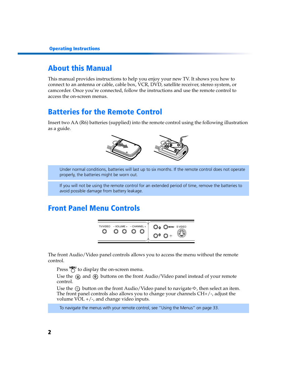 About this manual, Batteries for the remote control, Front panel menu controls | Sony KV-27FV300 User Manual | Page 9 / 66