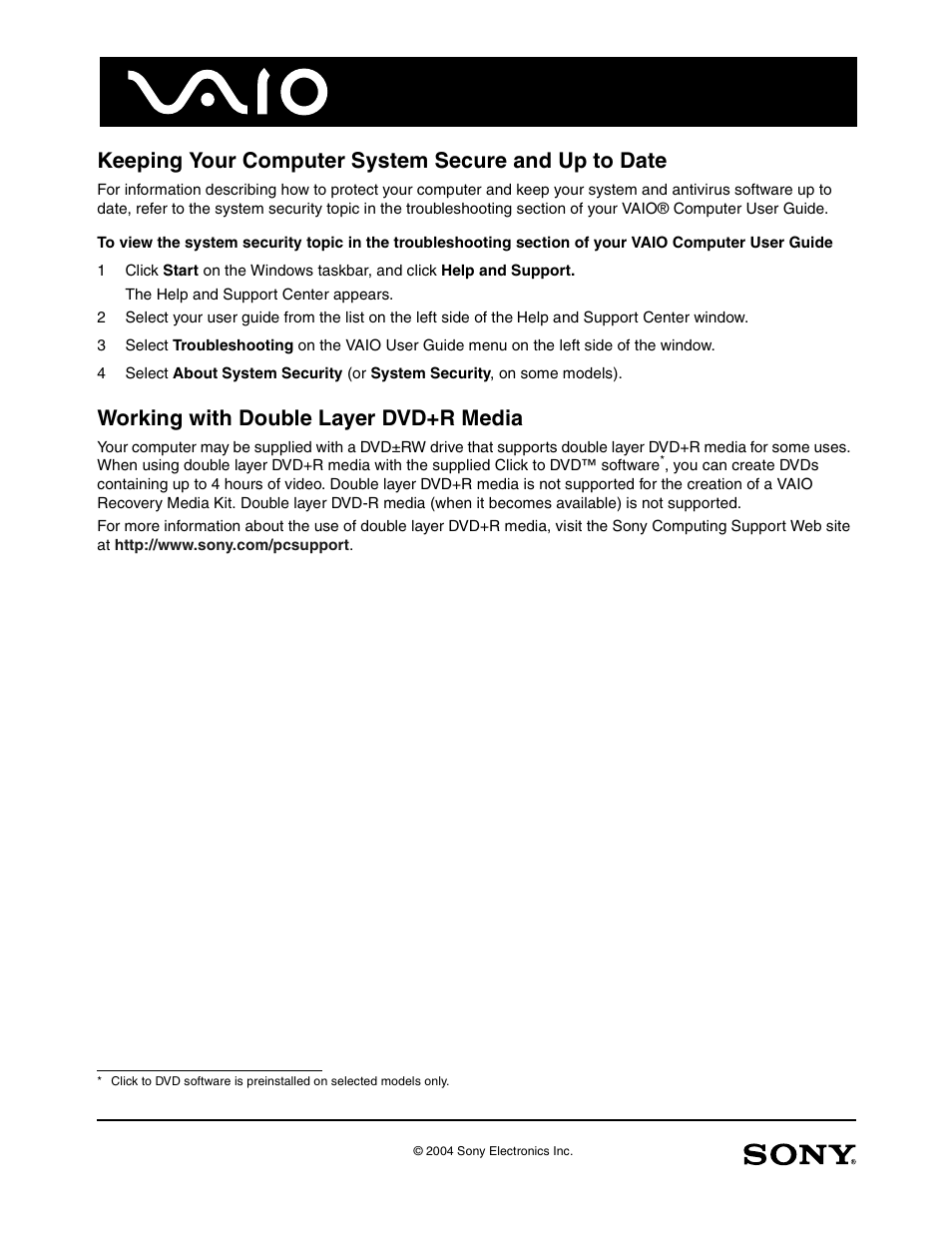 Keeping your computer system secure and up to date, Working with double layer dvd+r media | Sony VGN-T370P User Manual | Page 6 / 9