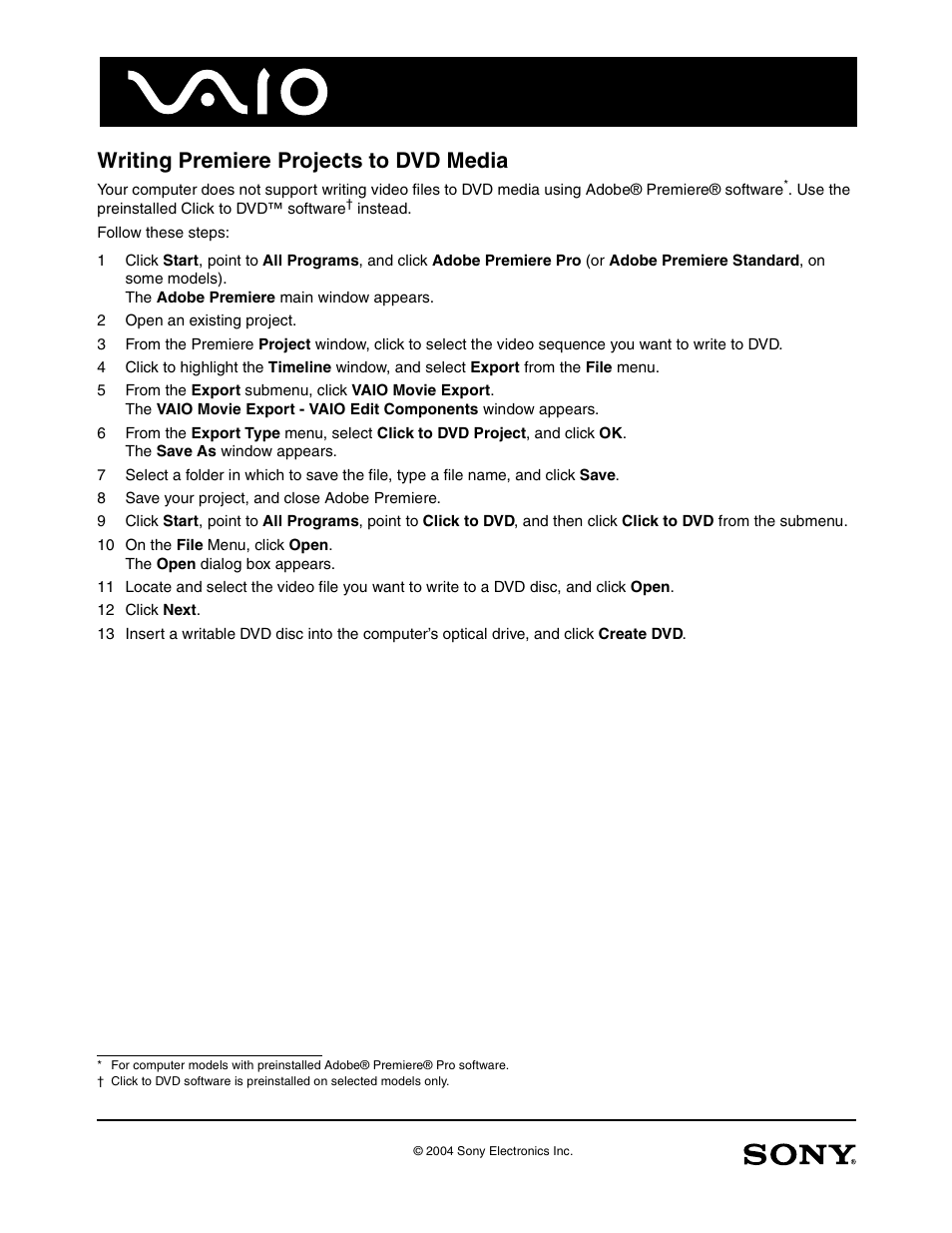 Writing premiere projects to dvd media | Sony VGN-T370P User Manual | Page 7 / 9