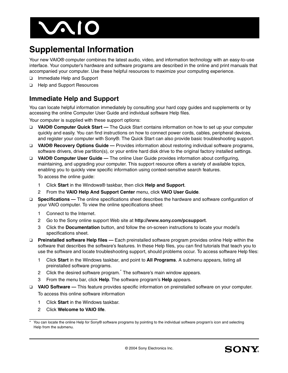 Supplemental information, Immediate help and support | Sony VGN-T370P User Manual | Page 8 / 9