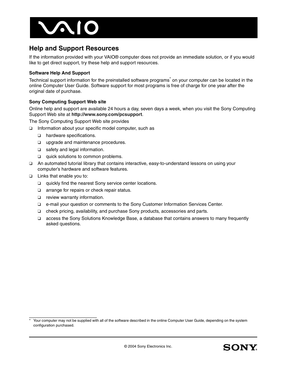 Help and support resources | Sony VGN-T370P User Manual | Page 9 / 9