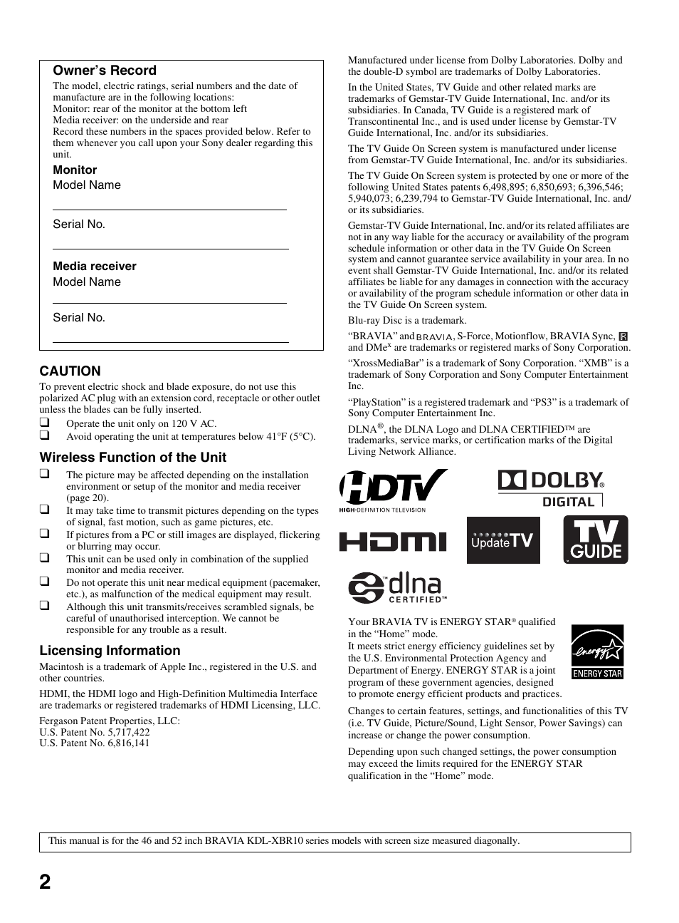Caution, Wireless function of the unit, Licensing information | Owner’s record | Sony KDL-46XBR10 User Manual | Page 2 / 56