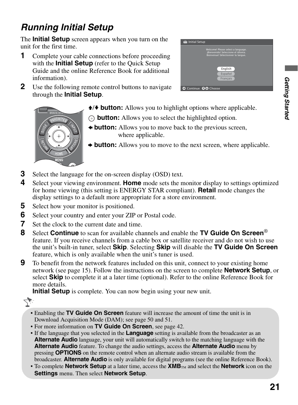 Running initial setup, 21 running initial setup | Sony KDL-46XBR10 User Manual | Page 21 / 56