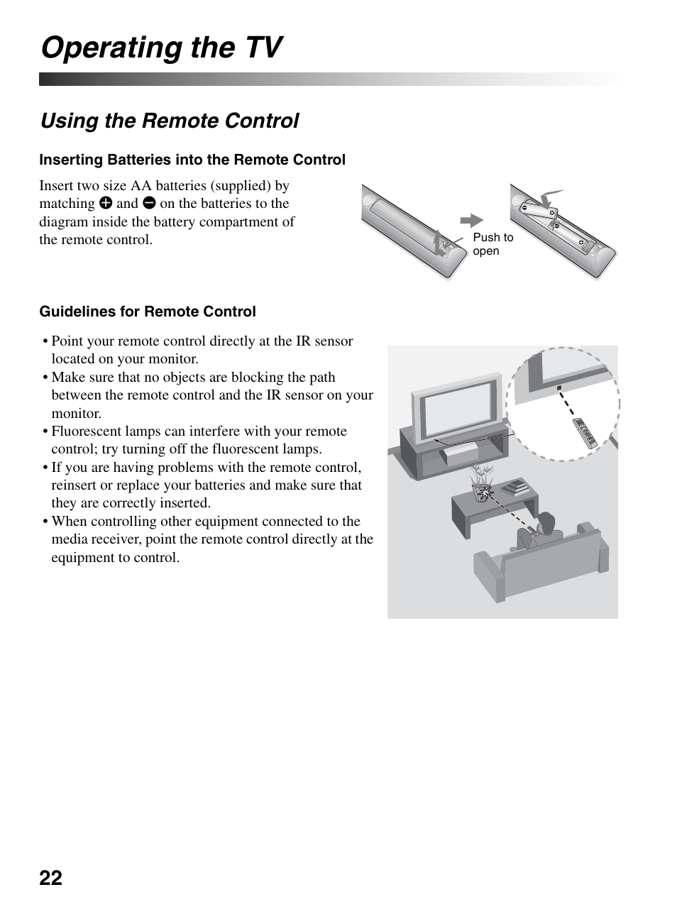 Operating the tv, Using the remote control | Sony KDL-46XBR10 User Manual | Page 22 / 56