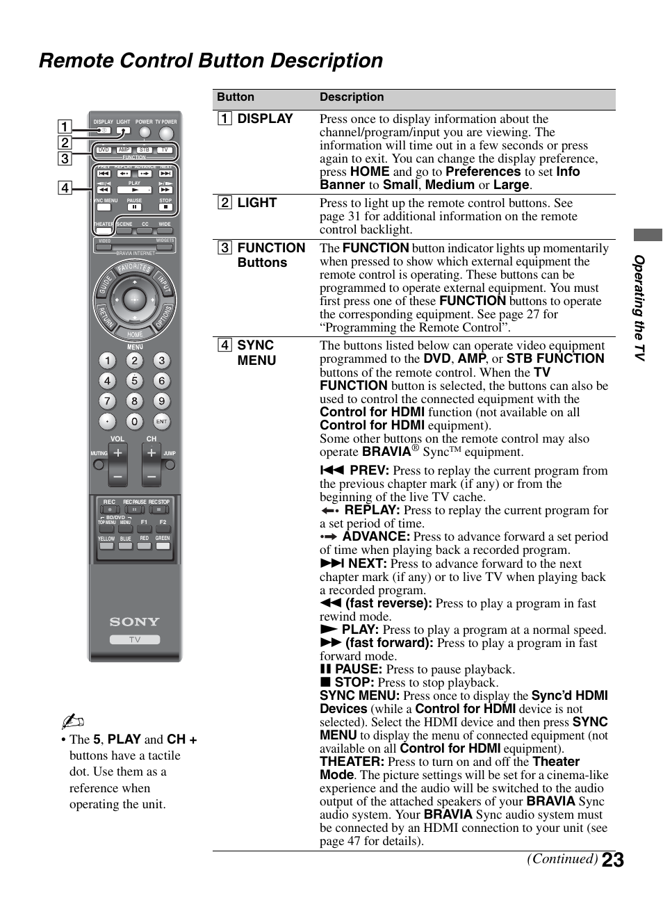 Remote control button description, 23 remote control button description, Continued) | Sync | Sony KDL-46XBR10 User Manual | Page 23 / 56
