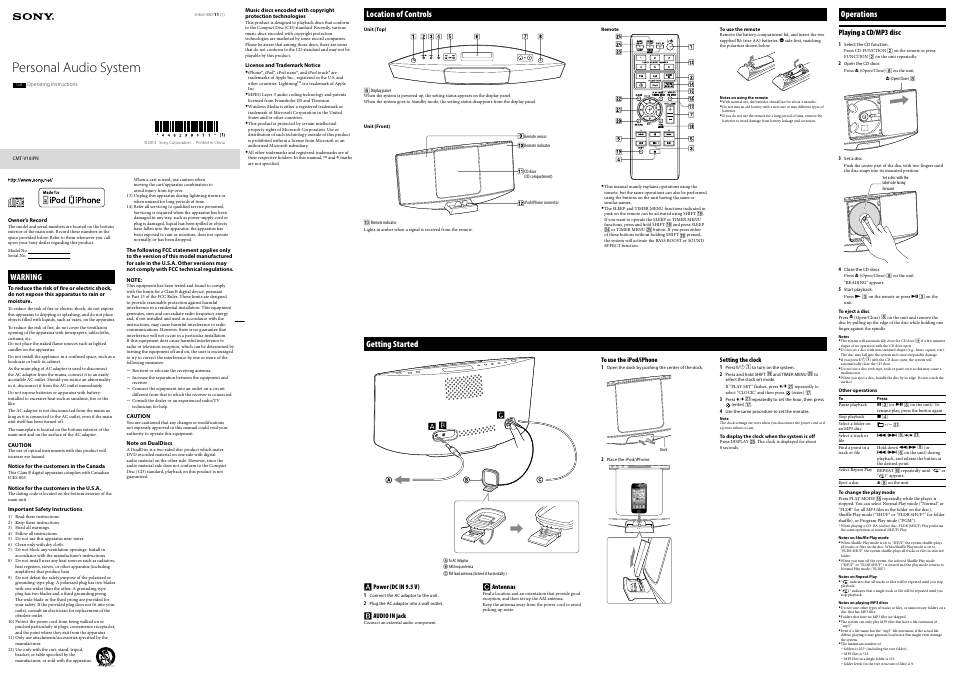 Sony CMT-V10IPN User Manual | 2 pages