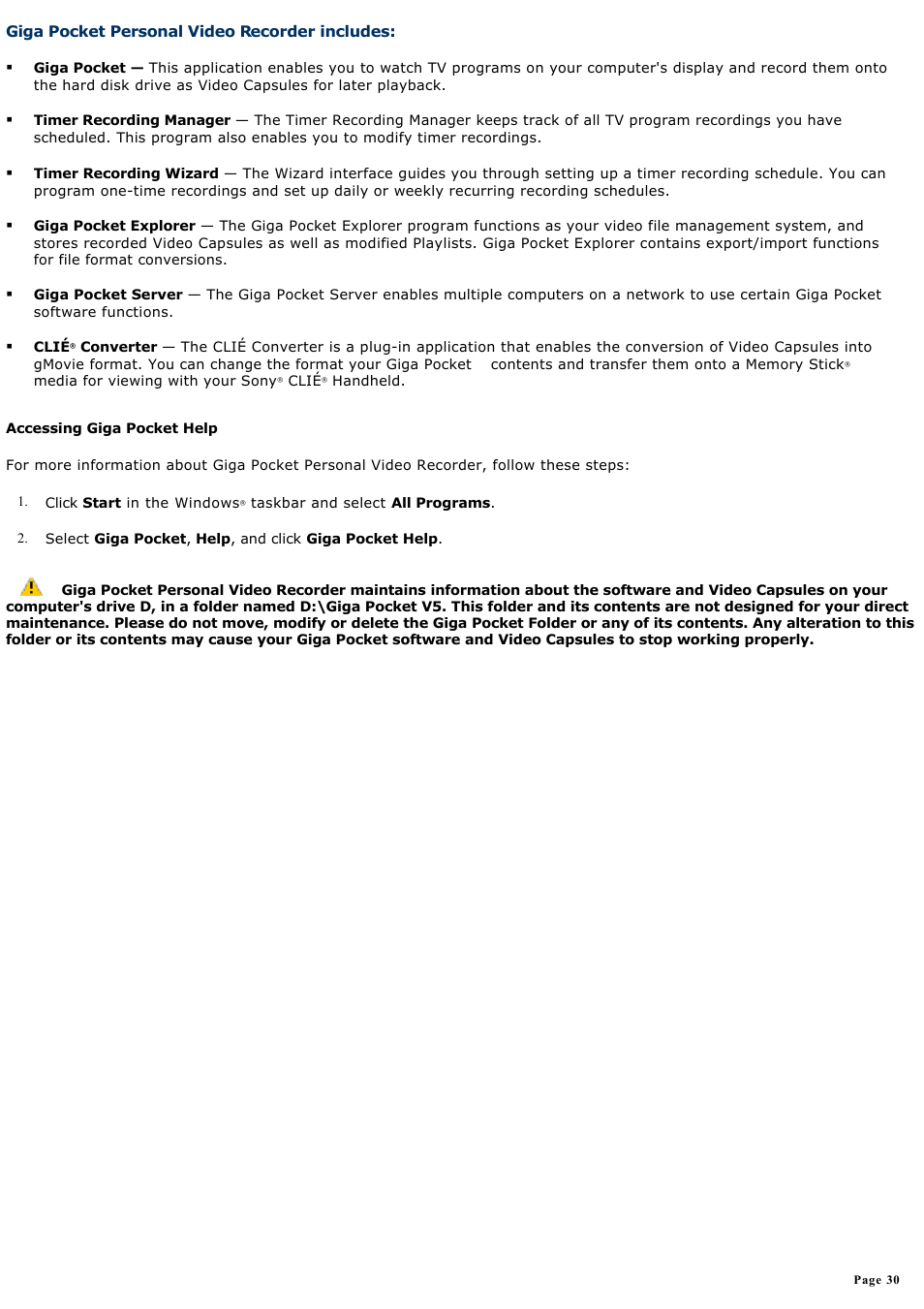 Giga pocket personal video recorder includes | Sony PCV-V200G User Manual | Page 30 / 131