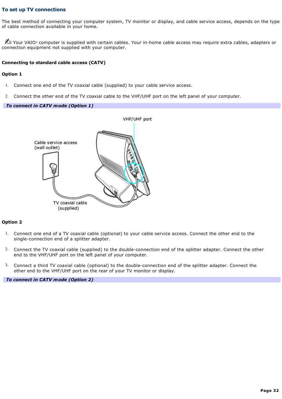 To set up tv connections | Sony PCV-V200G User Manual | Page 32 / 131