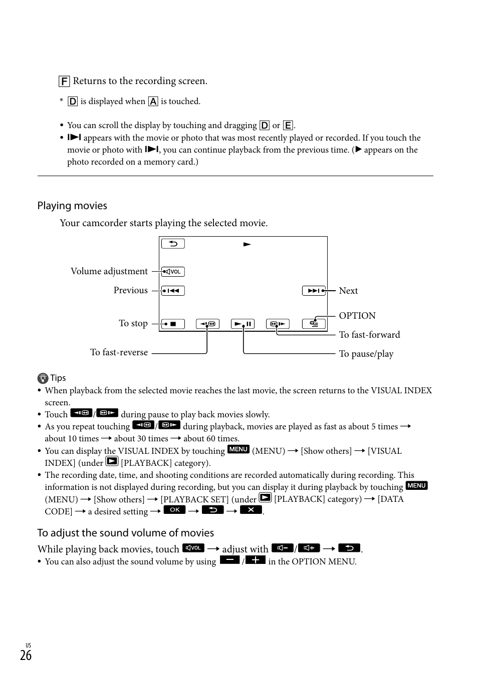 Playing movies | Sony DCR-SX83 User Manual | Page 26 / 124