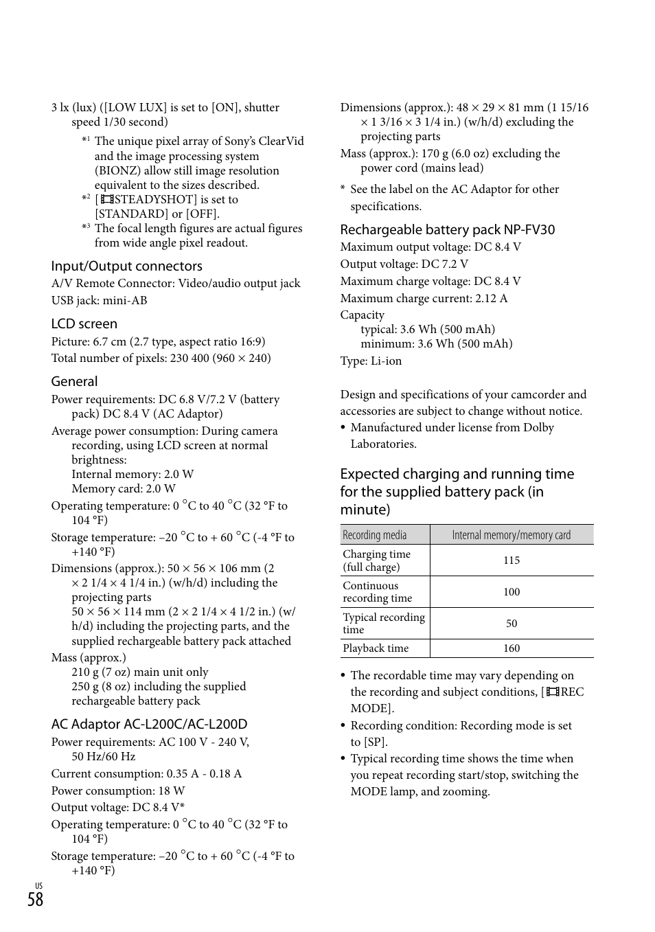 Input/output connectors, Lcd screen, General | Rechargeable battery pack np-fv30 | Sony DCR-SX83 User Manual | Page 58 / 124