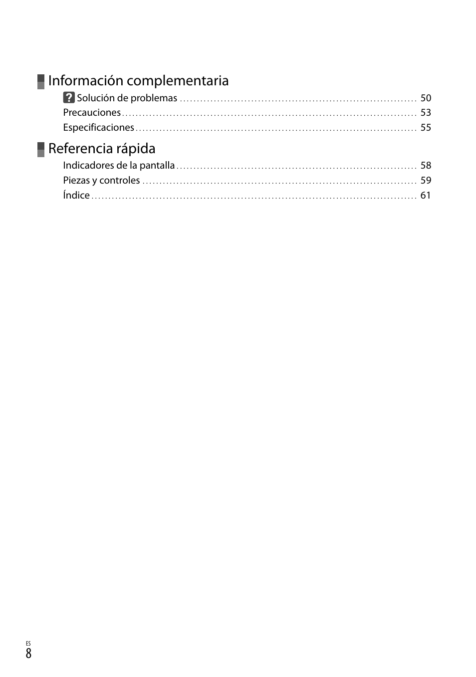 Información complementaria, Referencia rápida | Sony DCR-SX83 User Manual | Page 70 / 124