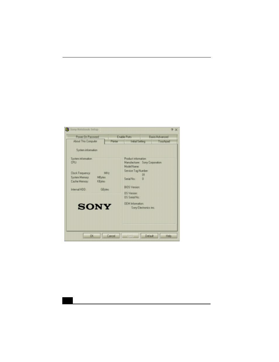 Displaying the sony notebook setup screen, To display the sony notebook setup screen | Sony PCG-FX310P User Manual | Page 68 / 136