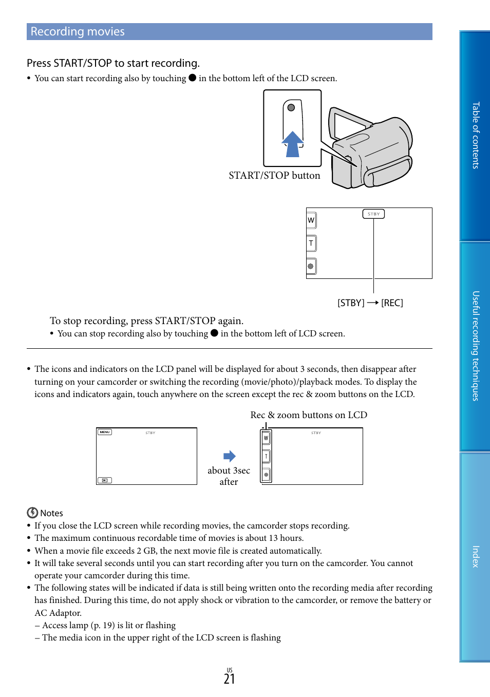 Recording movies, Press start/stop to start recording | Sony DCR-SX85 User Manual | Page 21 / 98