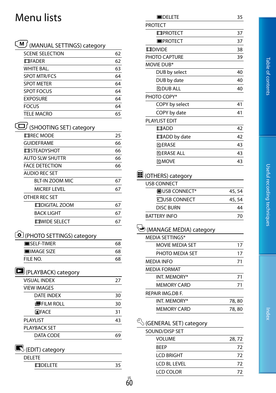 Menu lists | Sony DCR-SX85 User Manual | Page 60 / 98