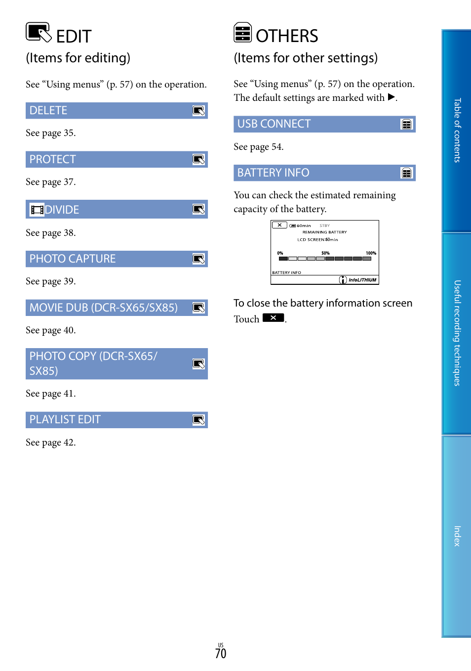 Edit (items for editing), Others (items for other settings), Others | Edit, Items for other settings), Items for editing) | Sony DCR-SX85 User Manual | Page 70 / 98