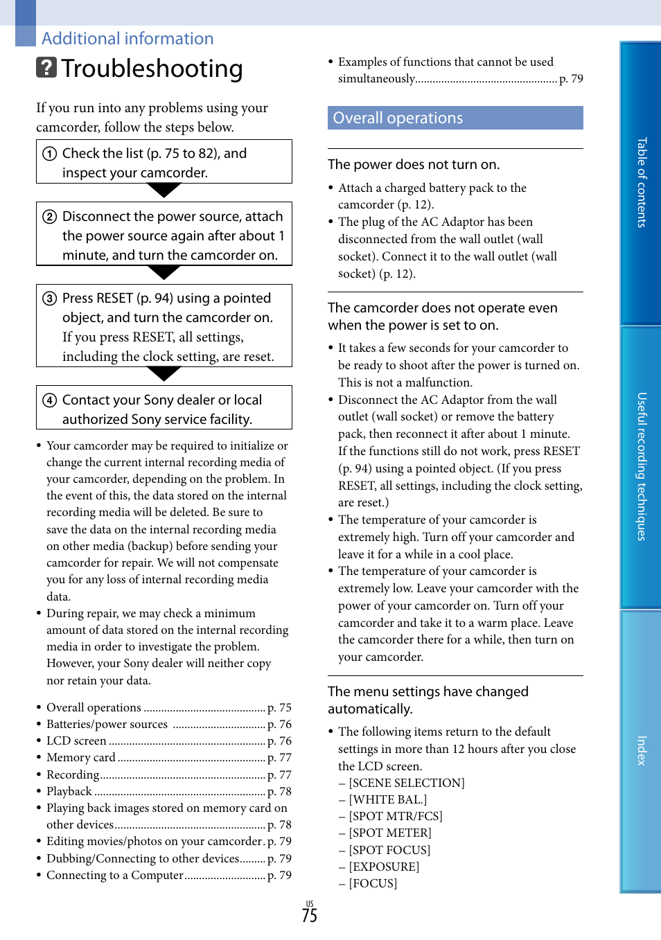 Additional information, Troubleshooting, Overall operations | Sony DCR-SX85 User Manual | Page 75 / 98