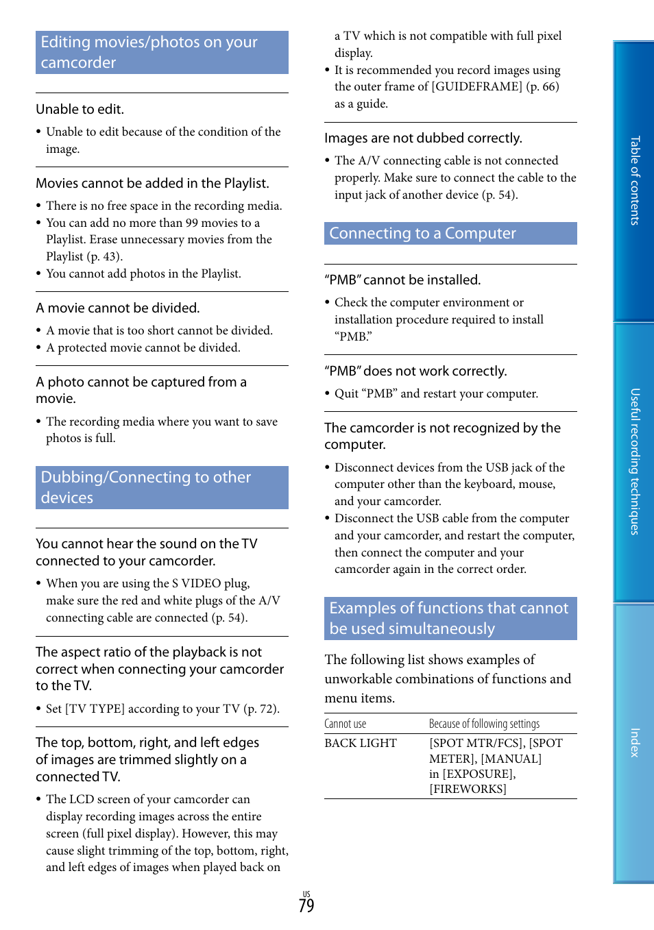 Editing movies/photos on your camcorder, Dubbing/connecting to other devices, Connecting to a computer | Examples of functions that cannot be used, Simultaneously | Sony DCR-SX85 User Manual | Page 79 / 98
