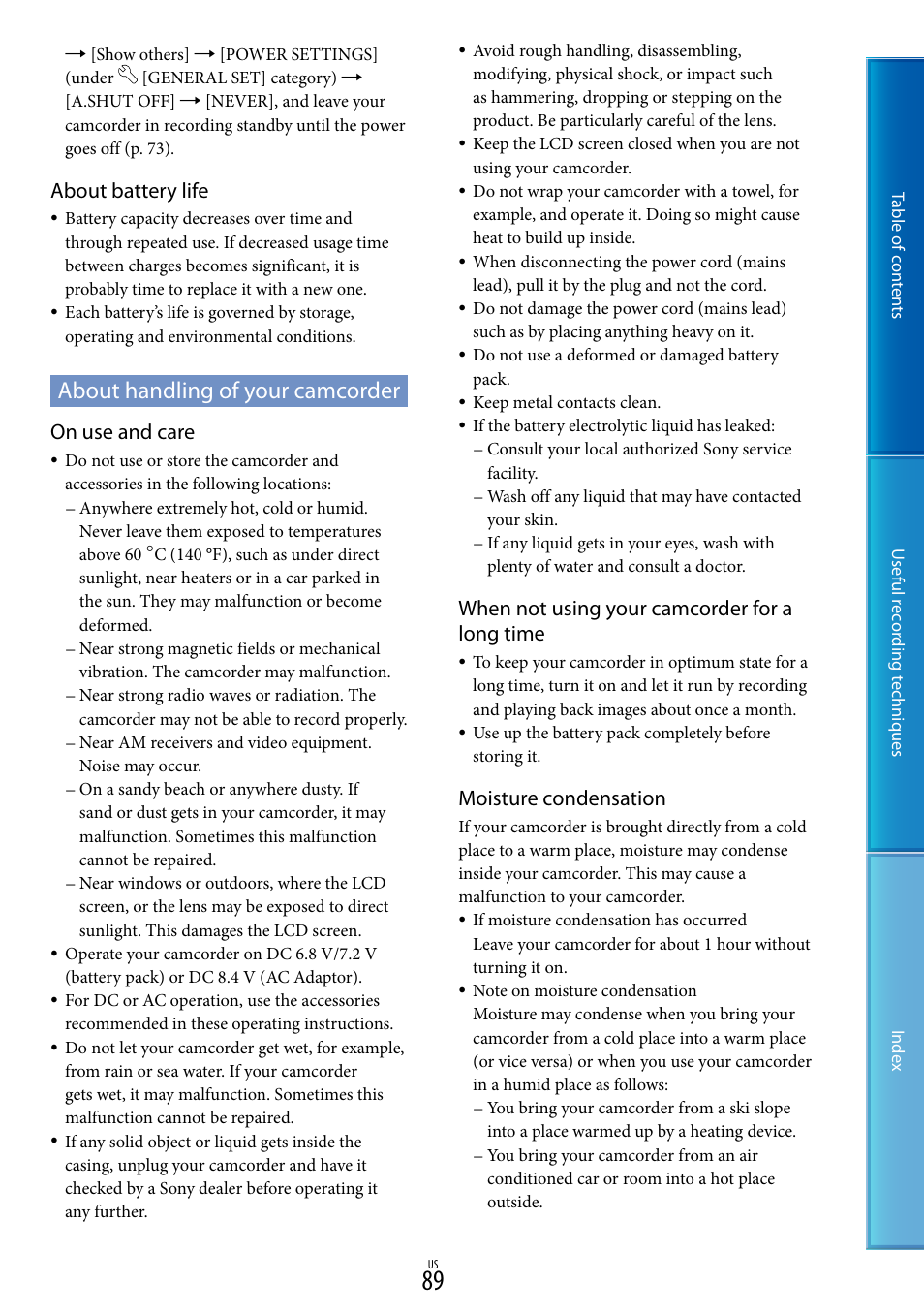 About handling of your camcorder, E “about handling of your, Camcorder | About battery life, On use and care, When not using your camcorder for a long time, Moisture condensation | Sony DCR-SX85 User Manual | Page 89 / 98