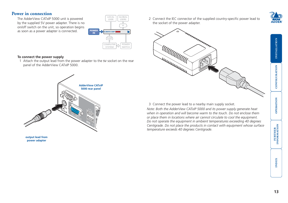 Power in connection, Power | Adder Technology 5000 User Manual | Page 14 / 94