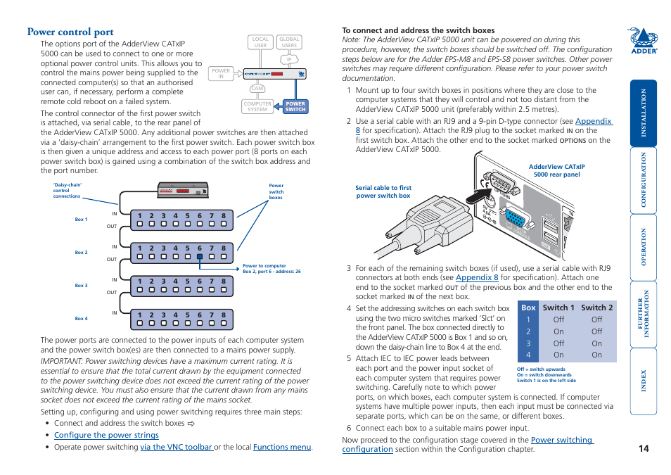 Power control port, Computer power, Control switching | Power, Switch | Adder Technology 5000 User Manual | Page 15 / 94