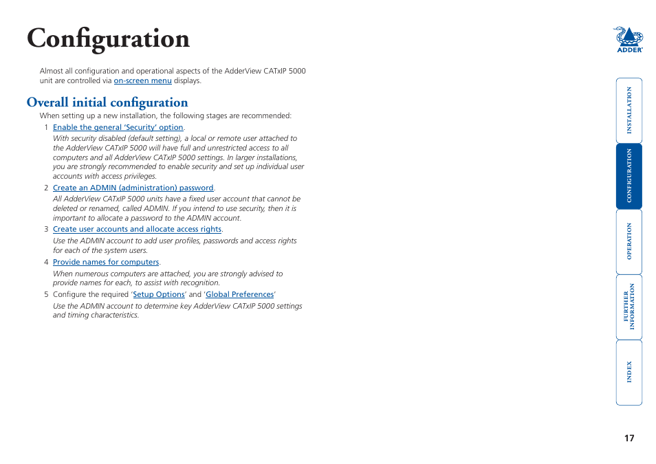 Configuration, Overall initial configuration | Adder Technology 5000 User Manual | Page 18 / 94
