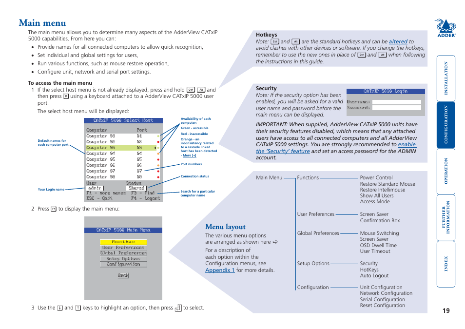 Main menu, On-screen menu, Menu layout | Adder Technology 5000 User Manual | Page 20 / 94