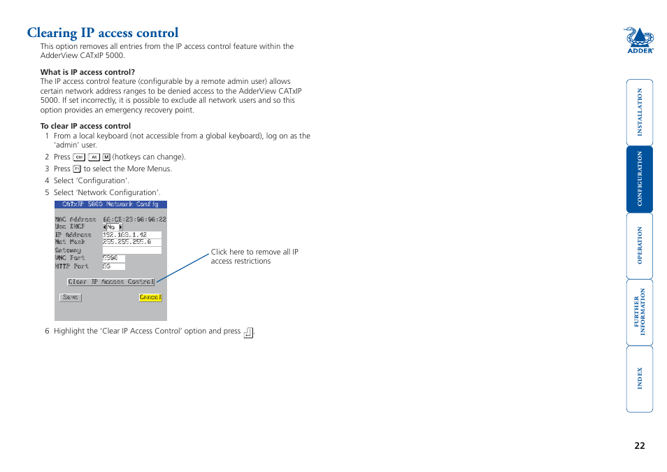 Clearing ip access control | Adder Technology 5000 User Manual | Page 23 / 94