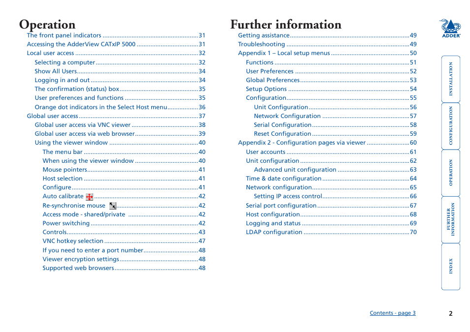 Operation, Further information | Adder Technology 5000 User Manual | Page 3 / 94