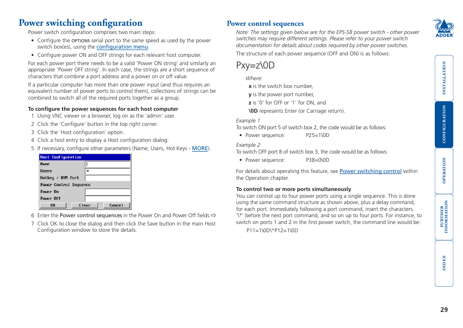 Power switching configuration, Configure the power strings, Power switching | Configuration, Section within the configuration chapter, Pxy=z\0d | Adder Technology 5000 User Manual | Page 30 / 94