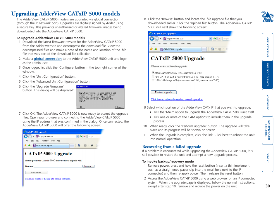 Upgrading adderview catxip 5000 models, Recovering from a failed upgrade | Adder Technology 5000 User Manual | Page 31 / 94