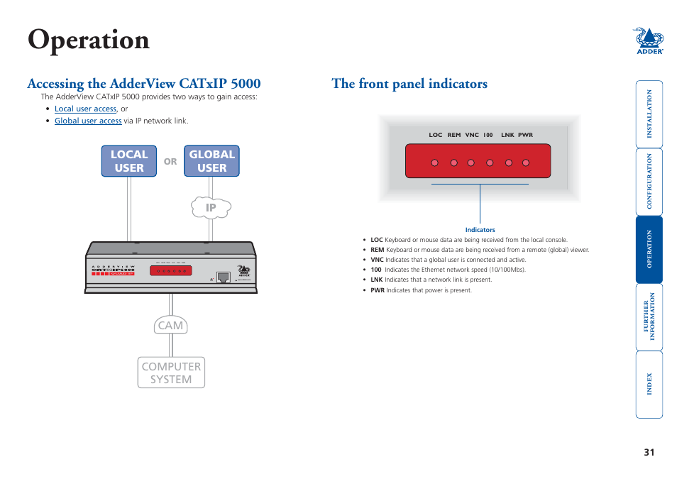 Operation, The front panel indicators, Accessing the adderview catxip 5000 | Adder Technology 5000 User Manual | Page 32 / 94