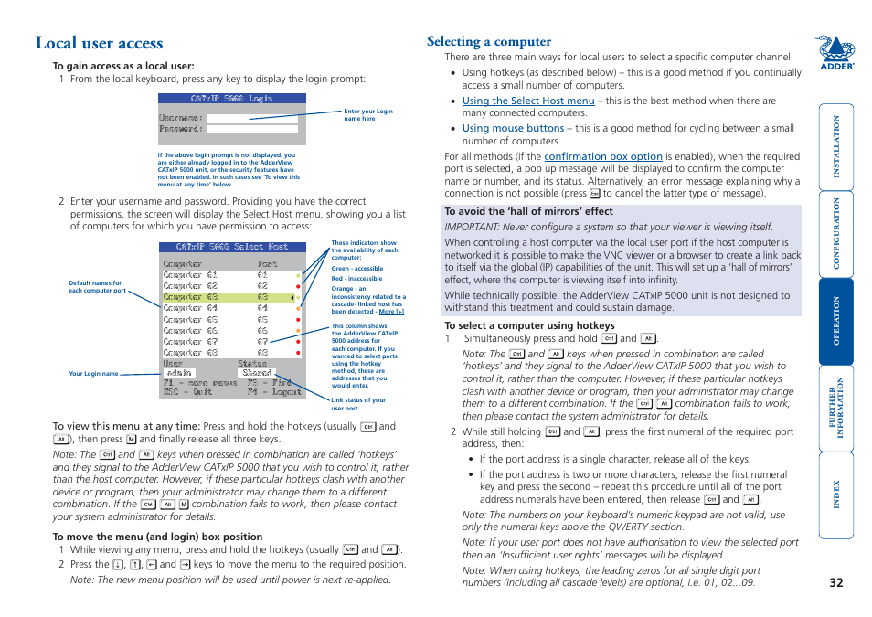 Local user access, Selecting a computer, Local | User | Adder Technology 5000 User Manual | Page 33 / 94