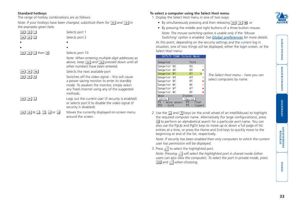 Using the select host menu, This is the best method when ther | Adder Technology 5000 User Manual | Page 34 / 94