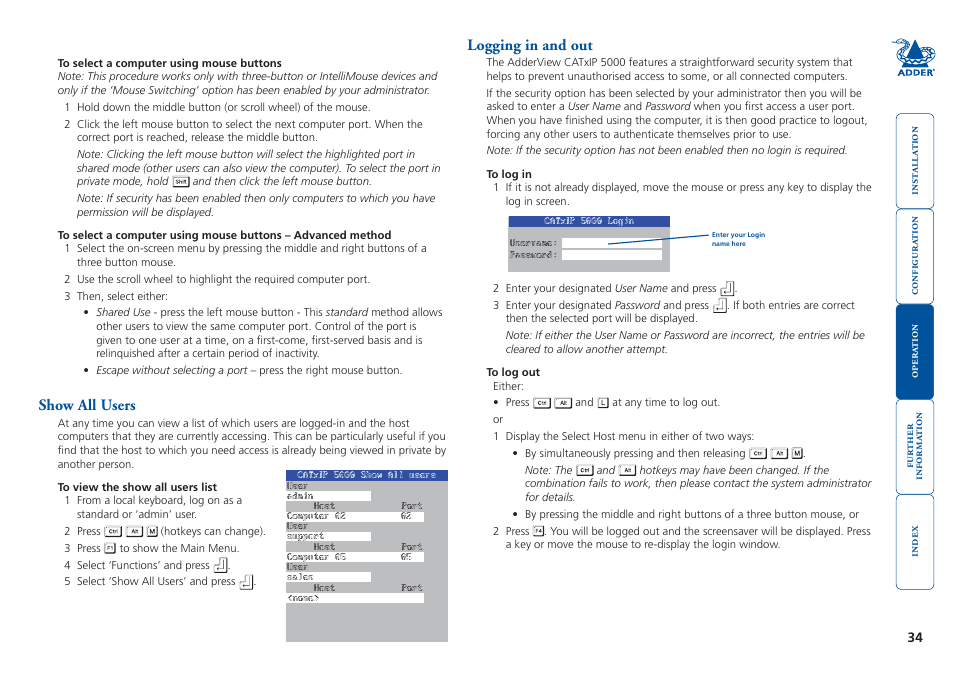 Show all users, Logging in and out, Show all users logging in and out | Using mouse buttons | Adder Technology 5000 User Manual | Page 35 / 94