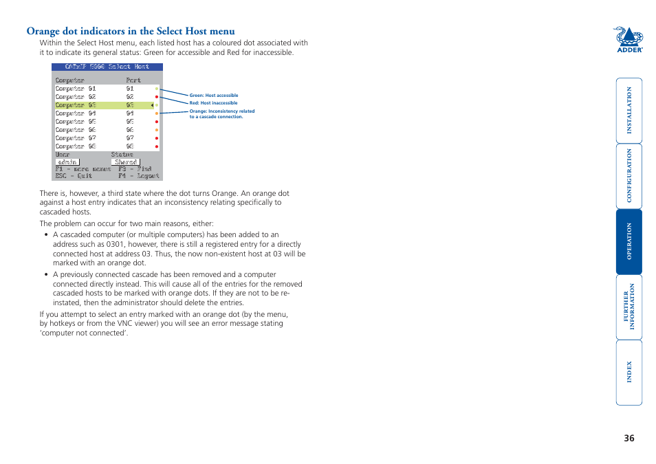 Orange dot indicators in the select host menu, More | Adder Technology 5000 User Manual | Page 37 / 94