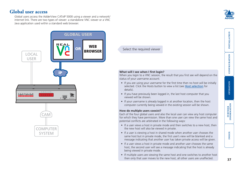 Global user access, Make a, Global connection | Global, User | Adder Technology 5000 User Manual | Page 38 / 94