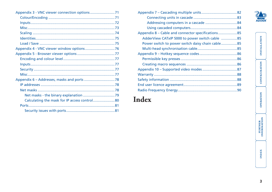 Index | Adder Technology 5000 User Manual | Page 4 / 94