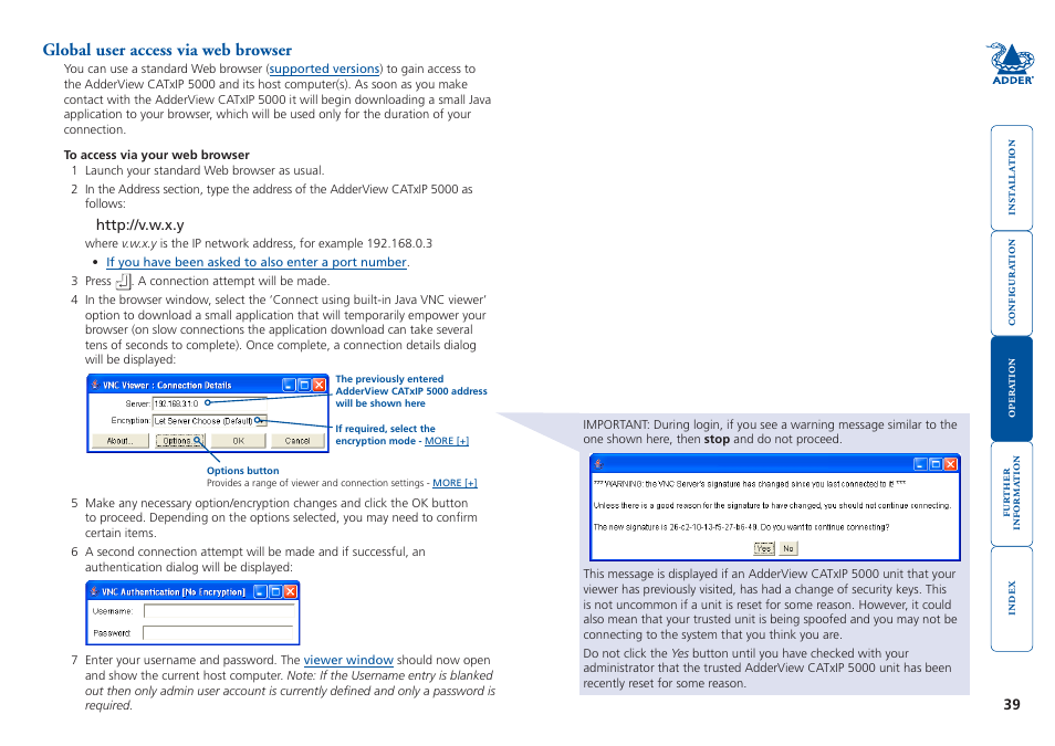 Global user access via web browser, A standard browser that supports java, Browser | Adder Technology 5000 User Manual | Page 40 / 94