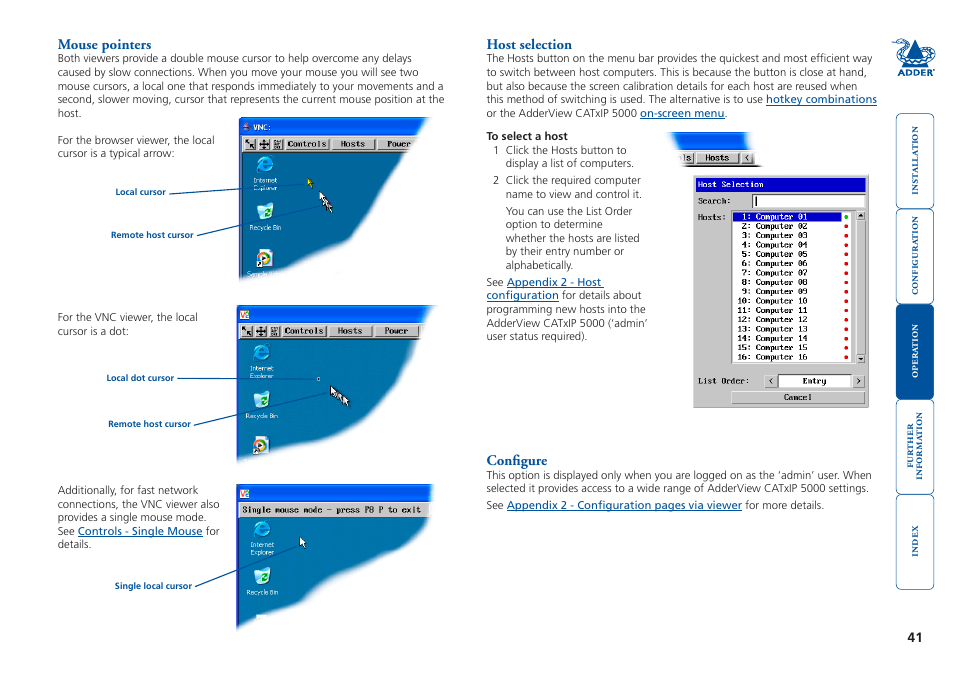 Mouse pointers, Host selection, Configure | Mouse pointers host selection configure, Hosts | Adder Technology 5000 User Manual | Page 42 / 94