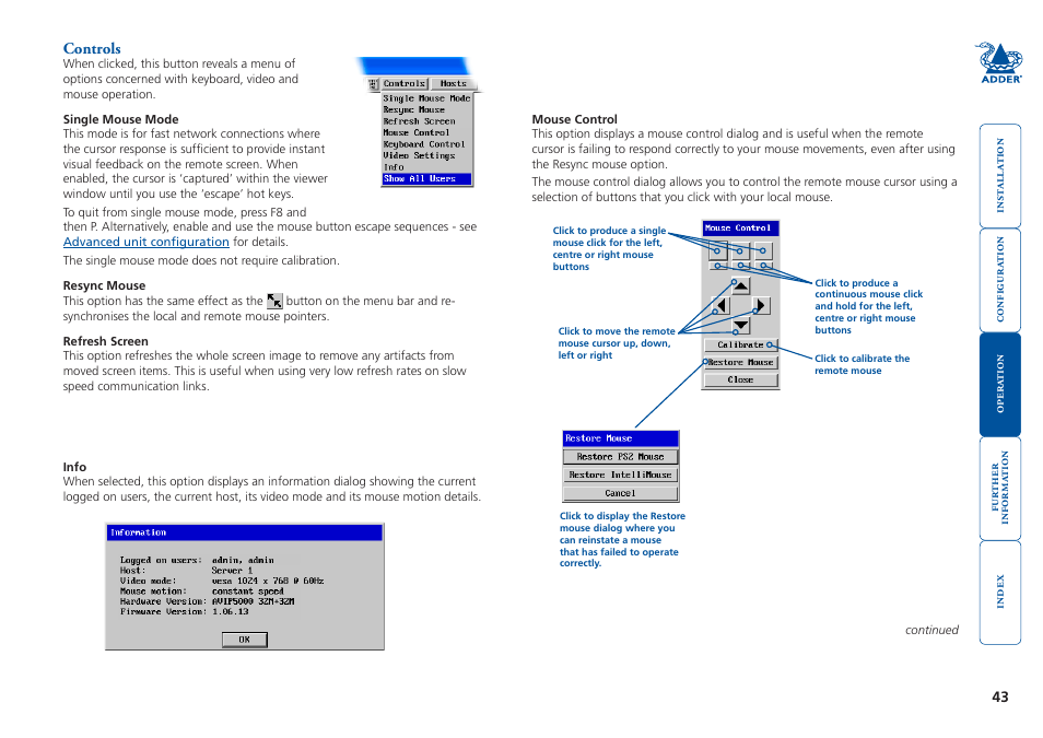 Controls, Een’ option. see, Controls - single mouse | Adder Technology 5000 User Manual | Page 44 / 94