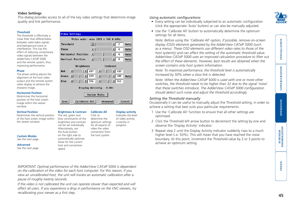 Threshold setting, Is set higher than the automatic setting, Video settings | Adder Technology 5000 User Manual | Page 46 / 94