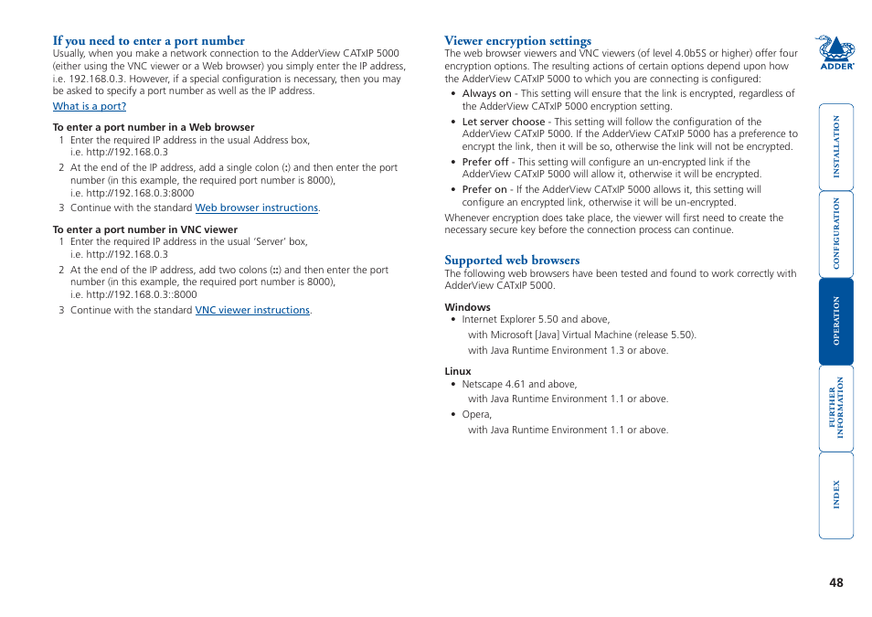 If you need to enter a port number, Viewer encryption settings, Supported web browsers | If you have been asked to also enter a port number, Encryption mode - more, Supported versions | Adder Technology 5000 User Manual | Page 49 / 94