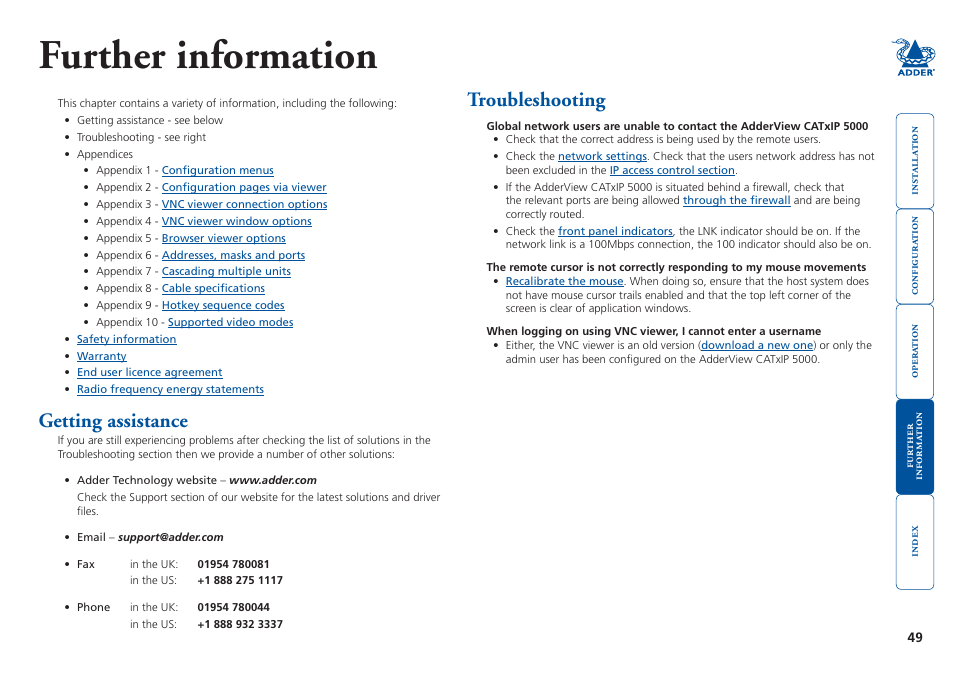 Further information, Getting assistance, Troubleshooting | Getting assistance troubleshooting | Adder Technology 5000 User Manual | Page 50 / 94